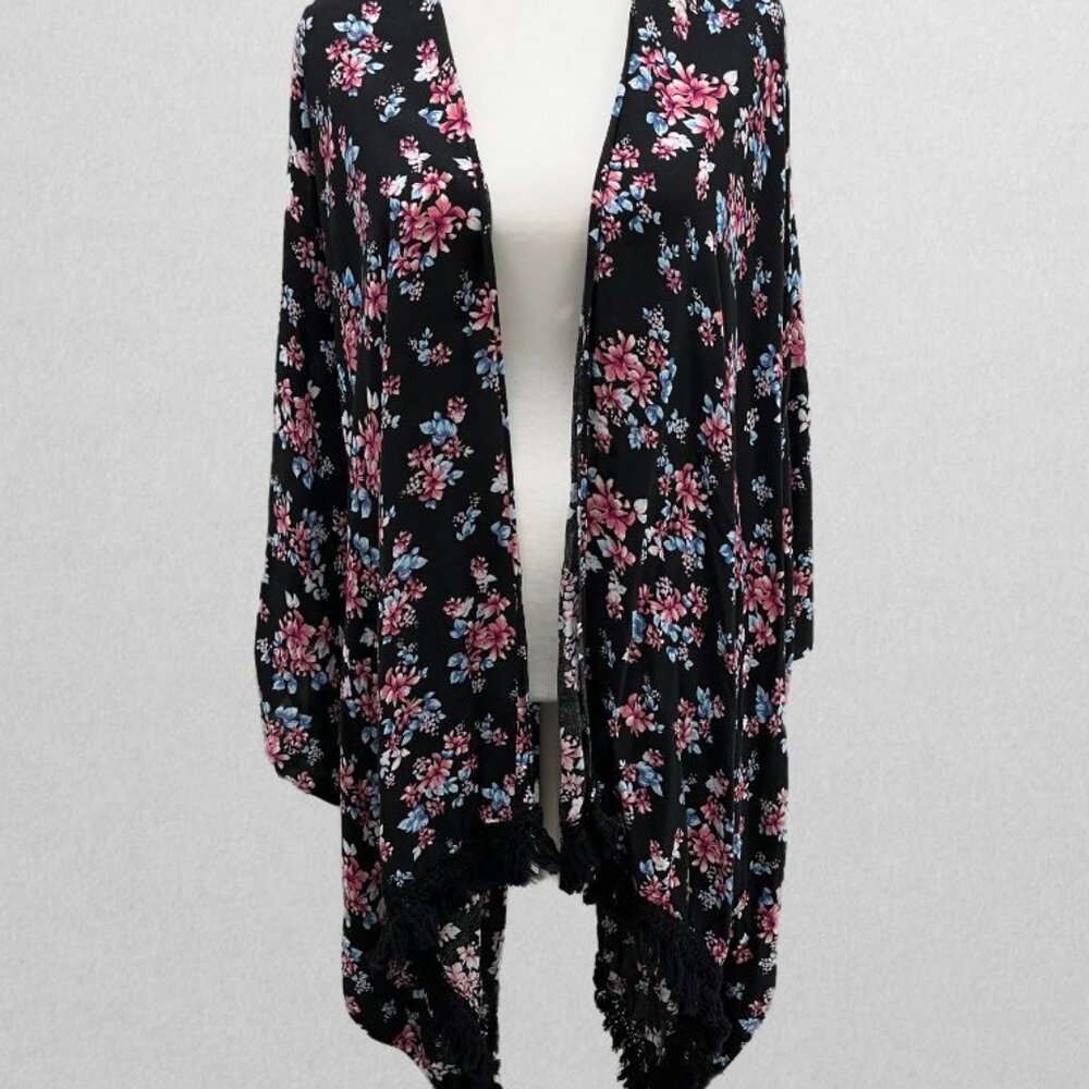 Lane Bryant Black Floral Kimono Overpiece with Tassel Hem